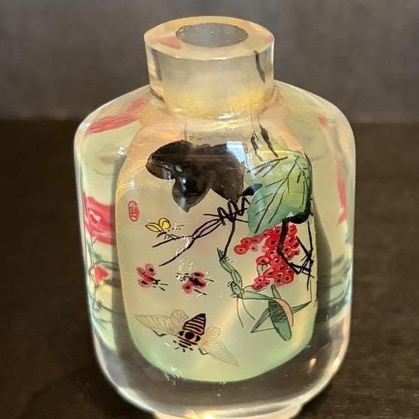 Chinese Hand Painted Glass Snuff Bottle Butterfly Floral Nature Scene 2.5 inch