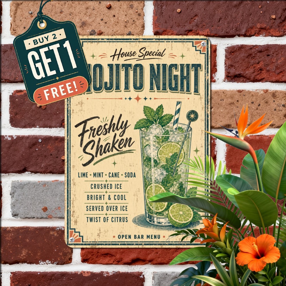 Hand Drawn Mojito Mint Cocktail Sign Vintage Havana Bar Pub Metal Plaque