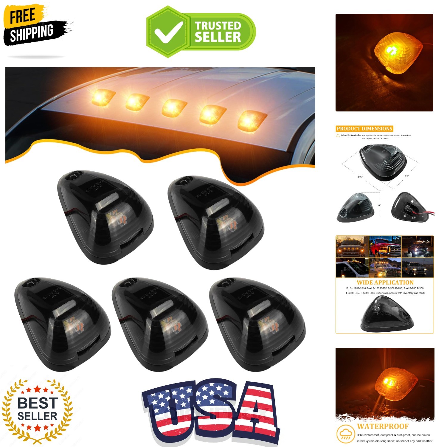 Car Roof Marker Lights 10 LED Smoked Amber Top Clearance Running Lights for F... Car Roof Marker Lights 10 LED Smoked Amber Top Clearance Running Lights for F...