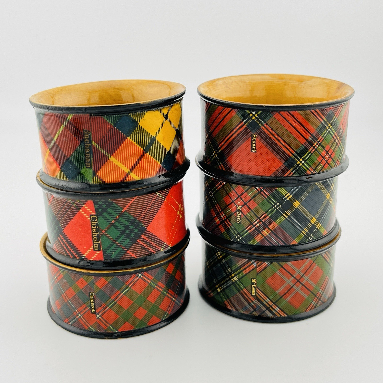 Antique Mauchline Tartan Ware Napkin Rings Set 6 Scottish Clan Plaid Wood