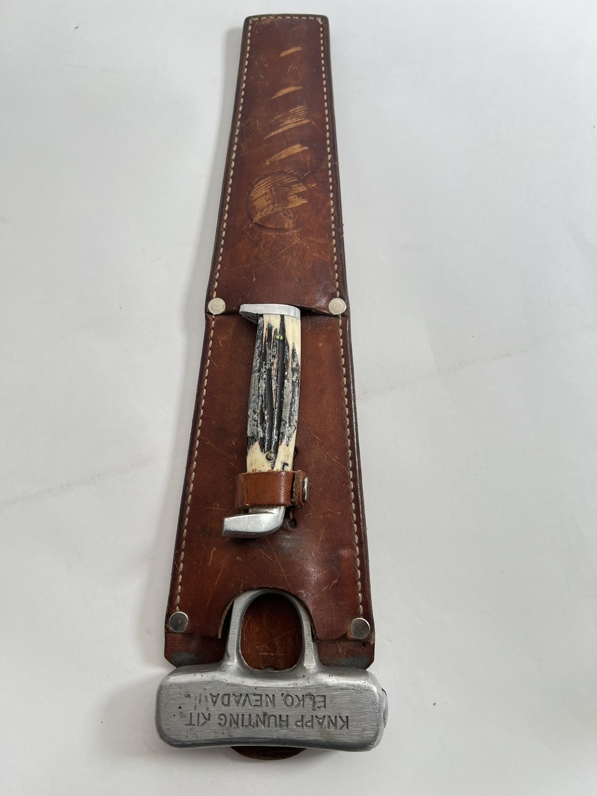 Vintage Knapp Hunting Kit Stag Handle Knife Saw Leather Sheath USA Elko Nevada