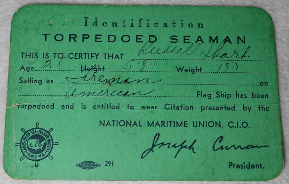 Torpedoed Seaman National Maritime Union Vintage Original Identification Card