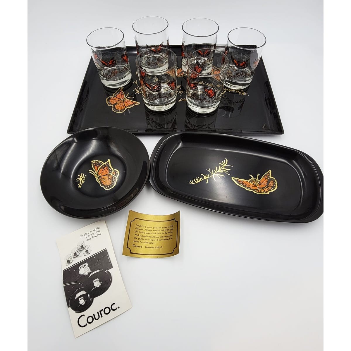 Rare Couroc Monarch Butterfly Serving Set NOS Glasses Trays Bowl Circa 1960s