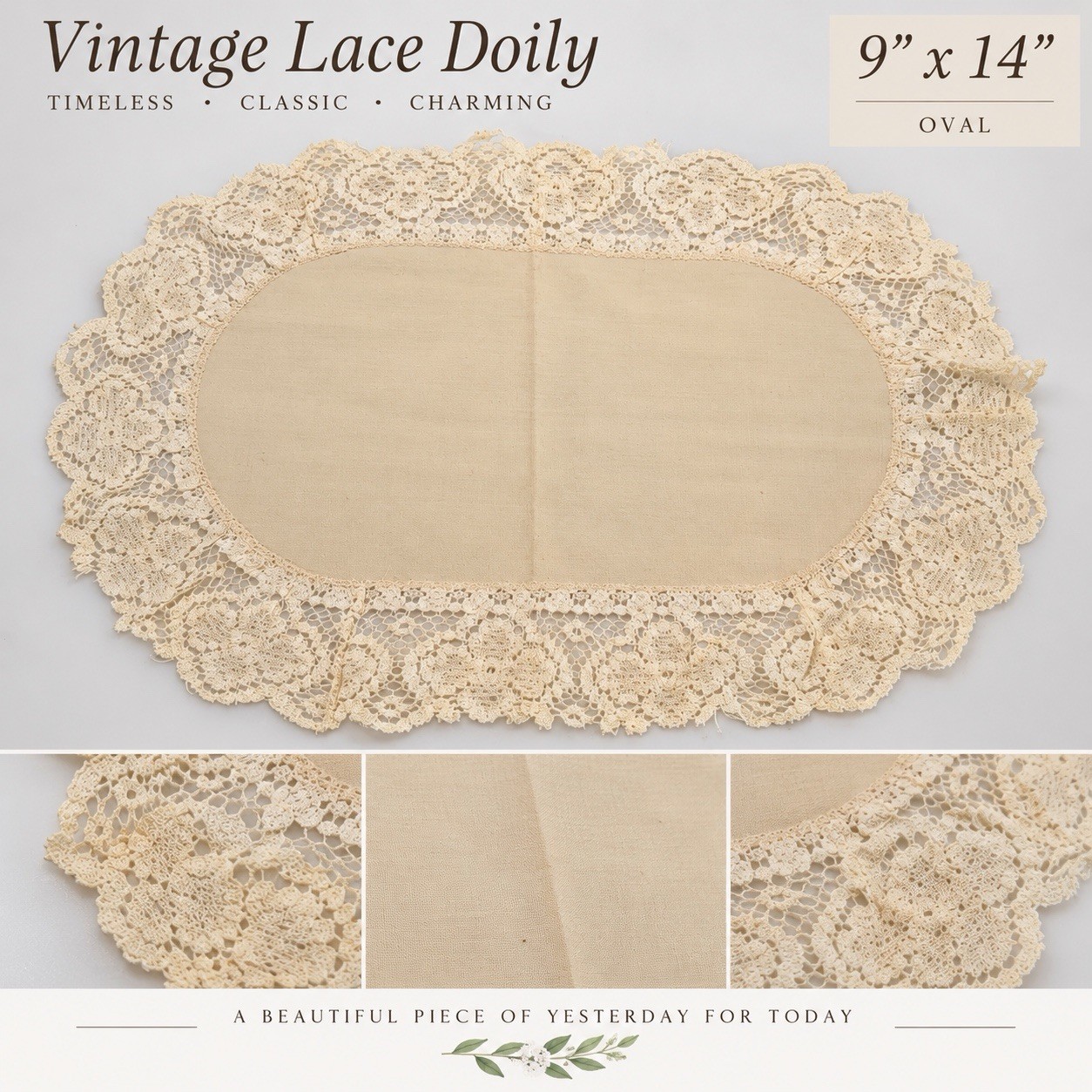 Vintage Oval Lace Doily 9x14 Ivory Cream Ruffled Floral Lace Cottagecore