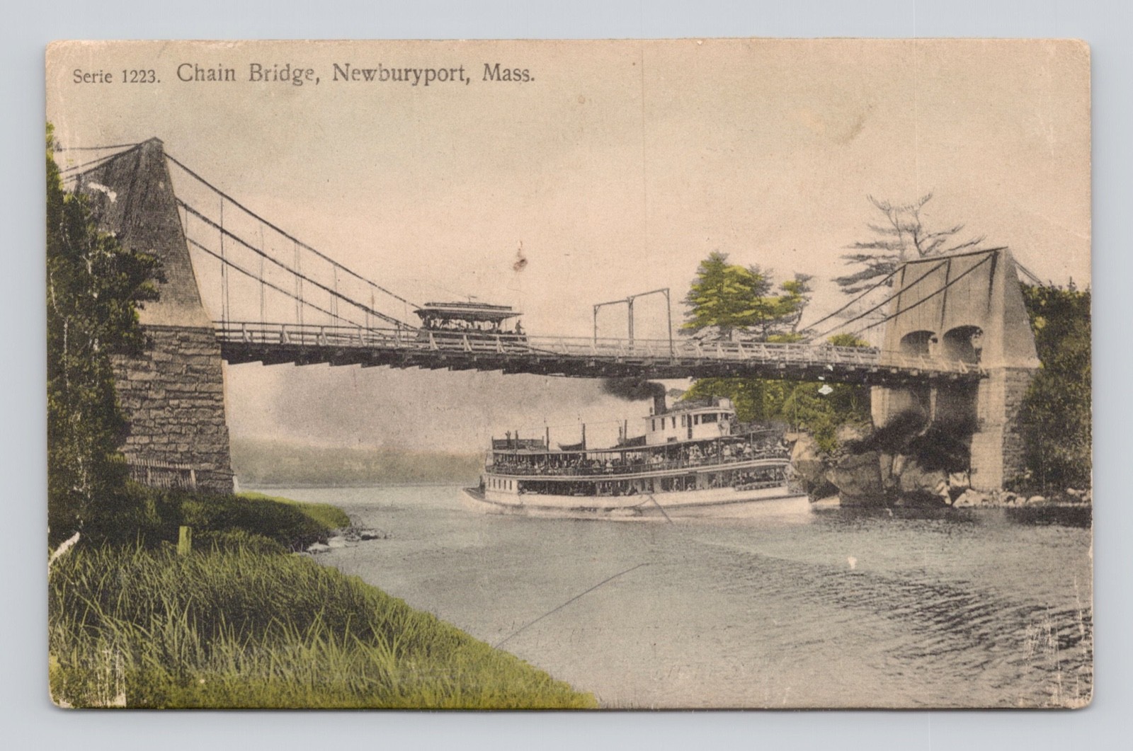 Postcard Newburyport MA Chain Bridge Trolley Boat