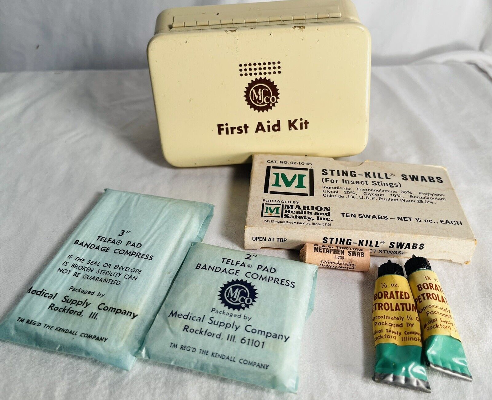 Vintage Medical Supply Co First Aid Kit W/ Bandages,swabs, Jelly, Metal Box USA