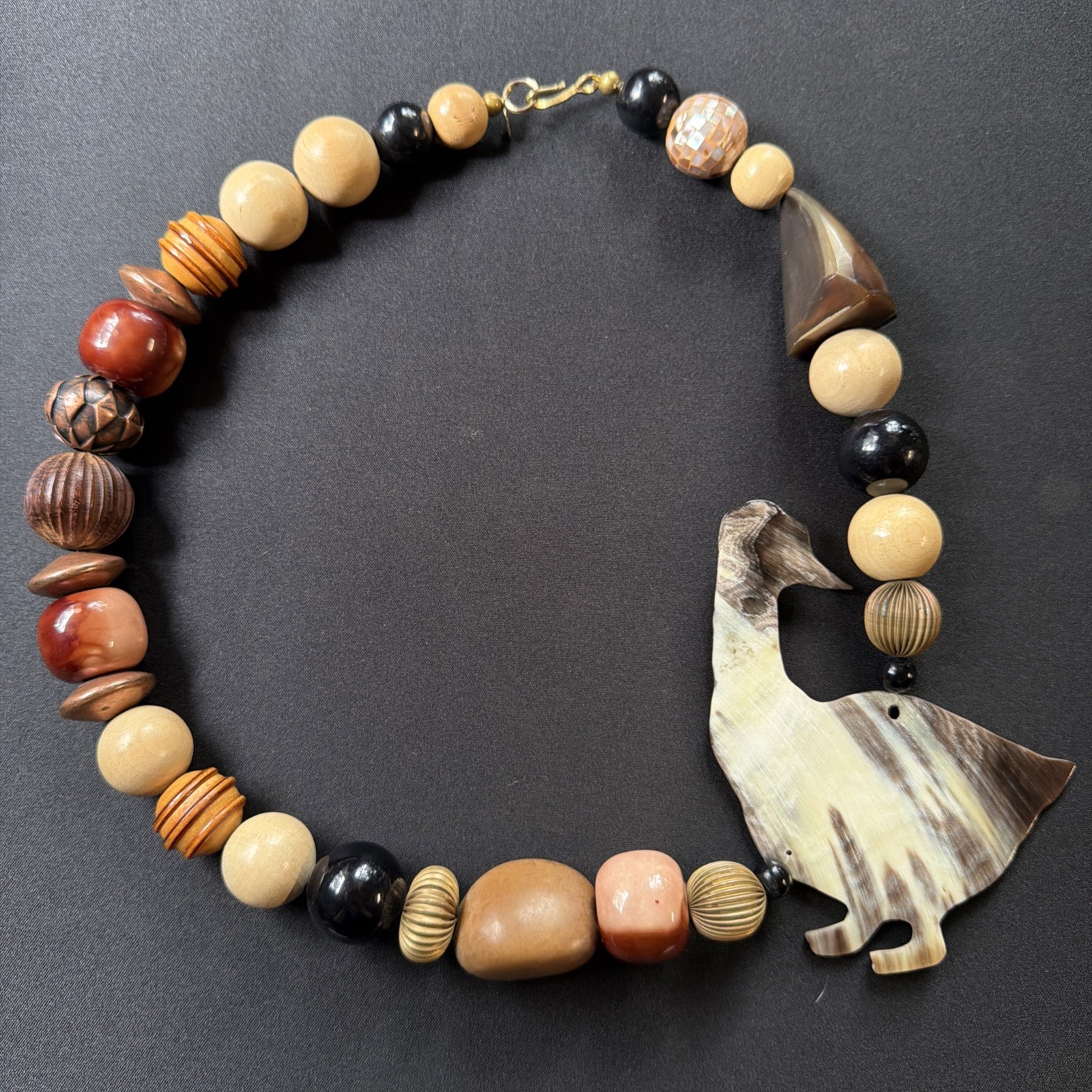 Huge Duck Necklace Mixed Bead Farm Statement Piece Wood Stone Metal 5x4 Huge Duck Necklace Mixed Bead Farm Statement Piece Wood Stone Metal 5x4
