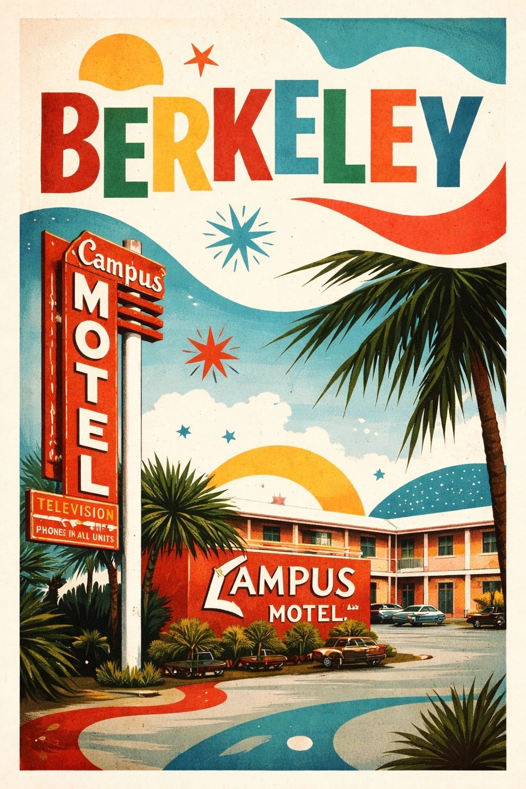 Berkeley Campus Motel Retro Poster 🌴 - 16x24” Premium Matte Paper 200gsm ✨
