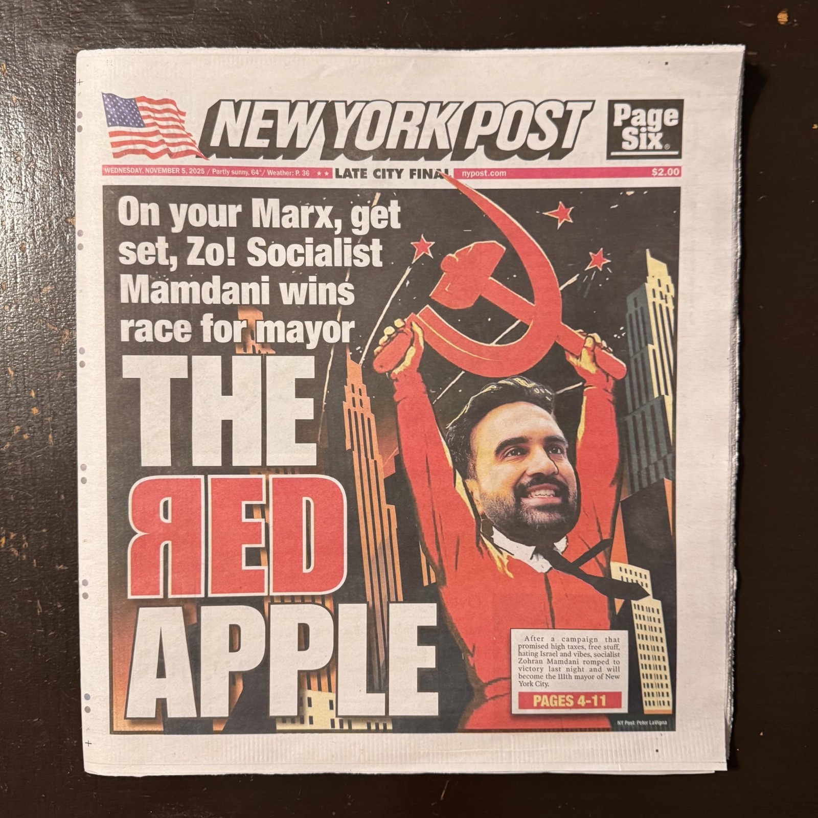 Zohran Mamdani Red Apple Newspaper November 5 2025 Socialist Marx New York Post