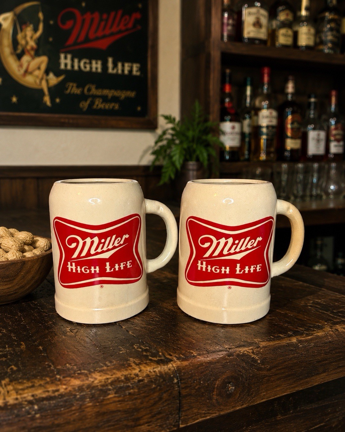 Vintage Miller High Life Ceramic Beer Steins Mug Set of 2 Advertising Barware