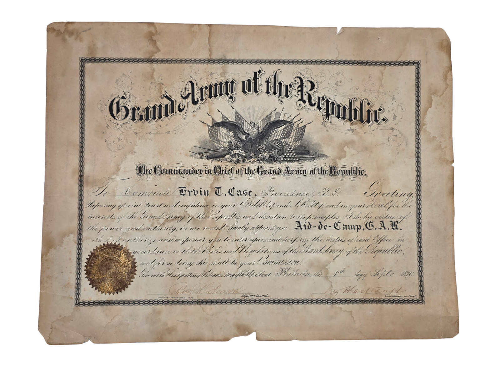 GRAND ARMY OF THE REPUBLIC AIDE-DE-CAMP COMMISSION SIGNED BY NATIONAL 1st ed