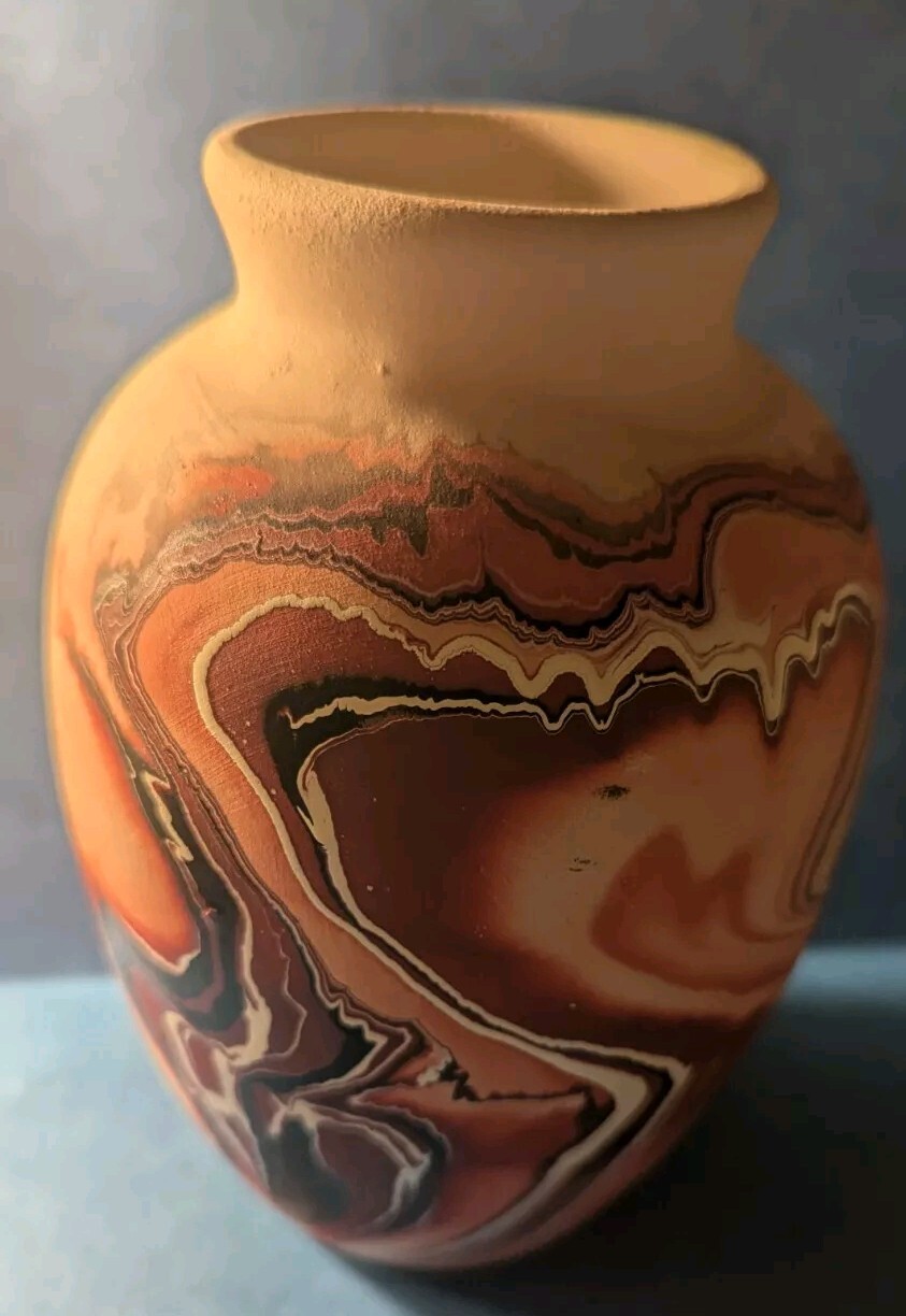 Nemadji Pottery Vase Orange, Red & Brown Swirl Unique Handmade USA  7\