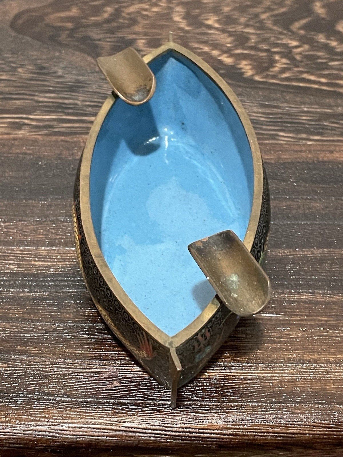 Antique 19th Century Dragon Canoe Ashtray Chinese Cloisonne Brass Blue RARE