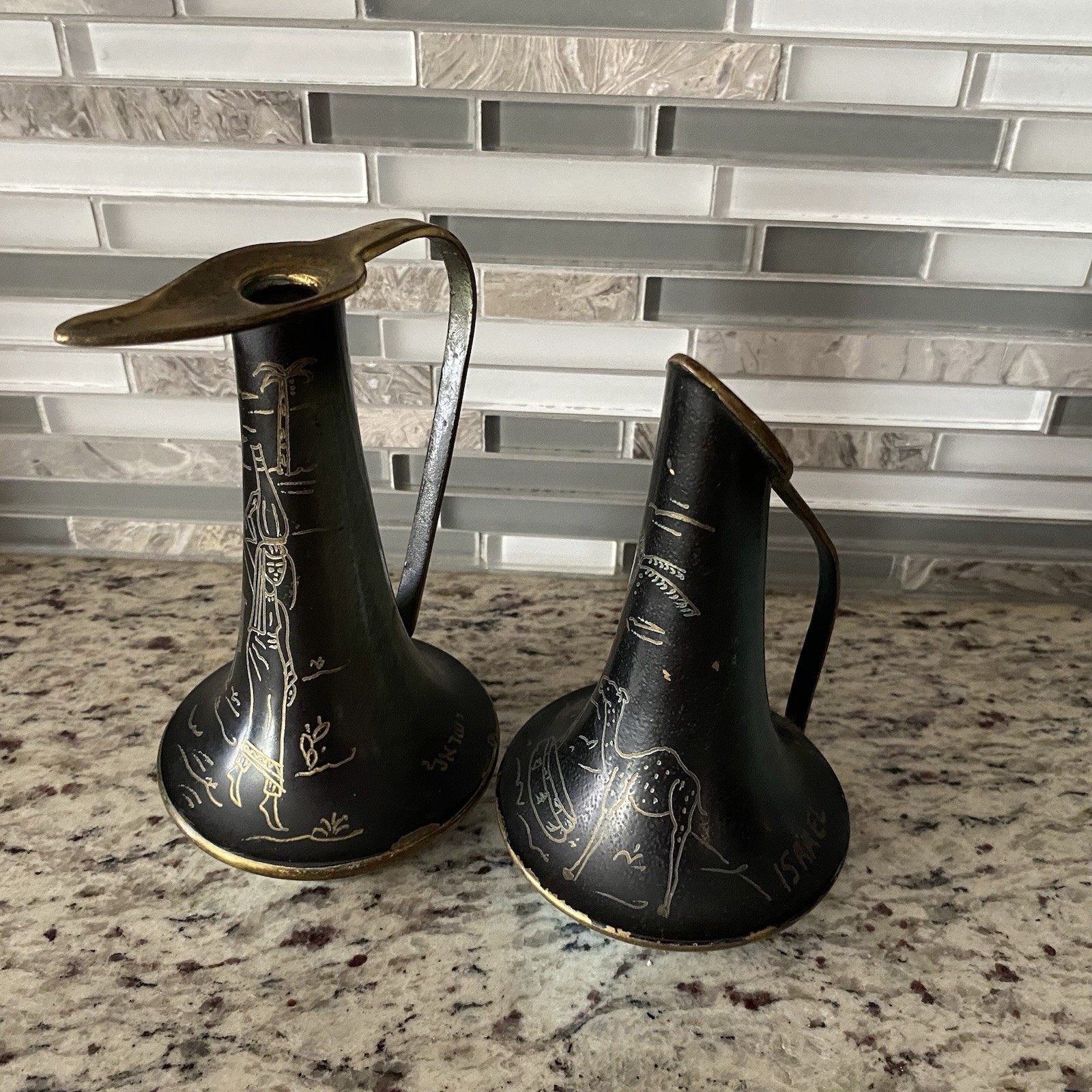 Tamar brass enamel ewer pitchers ornate etched Israel vintage decor mid century Tamar brass enamel ewer pitchers ornate etched Israel vintage decor mid century
