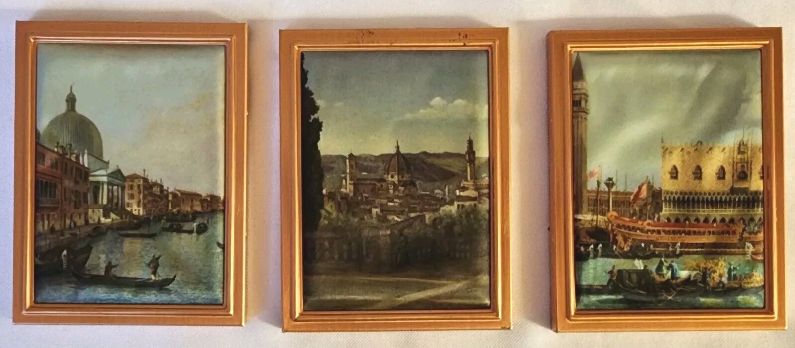Vtg 3 Mini Copper Frame Art Prints Canvas Venice Italy Florence Italy 3