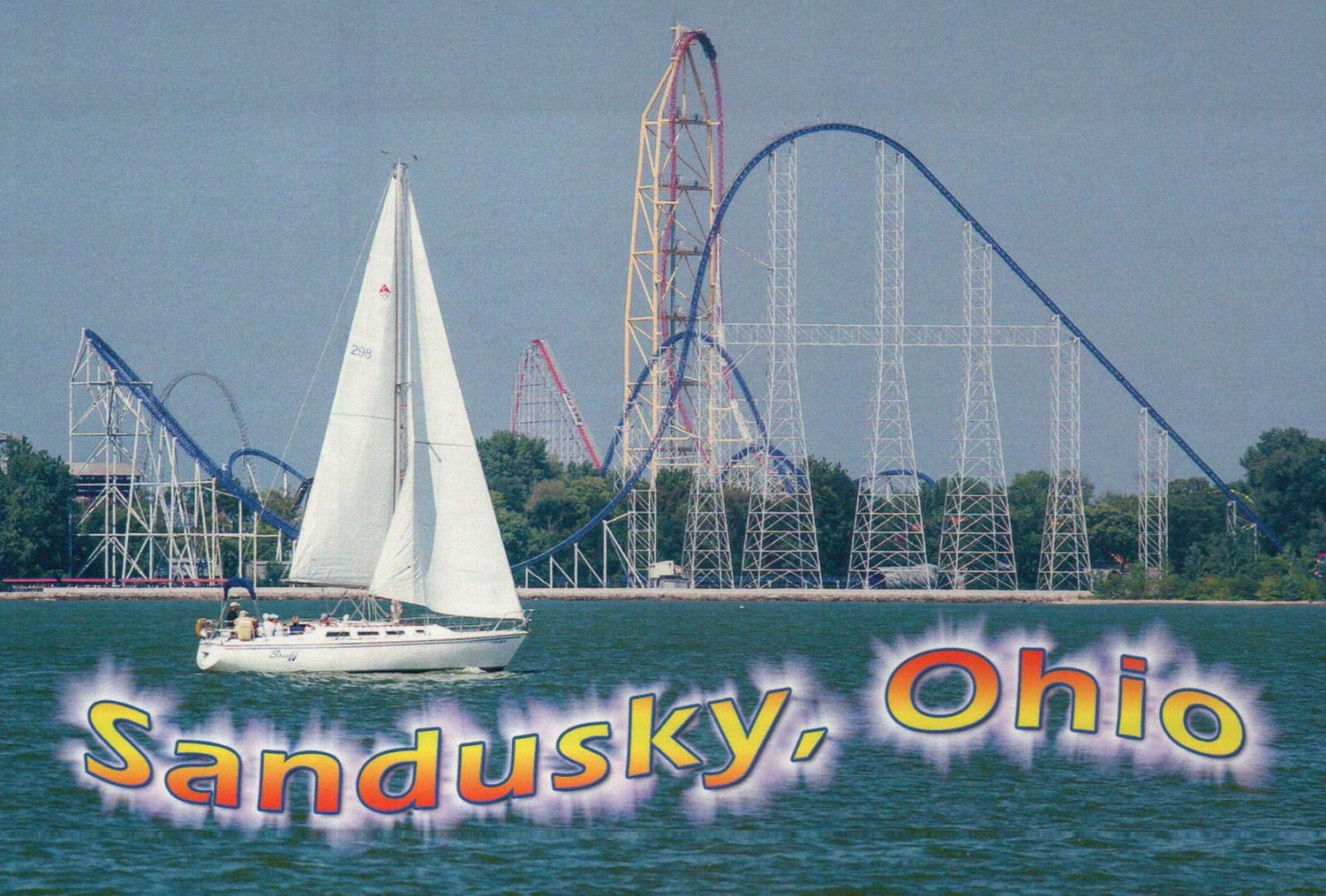 Cedar Point Roller Coaster, Sandusky Ohio, Sailboat on Lake Erie OH --- Postcard