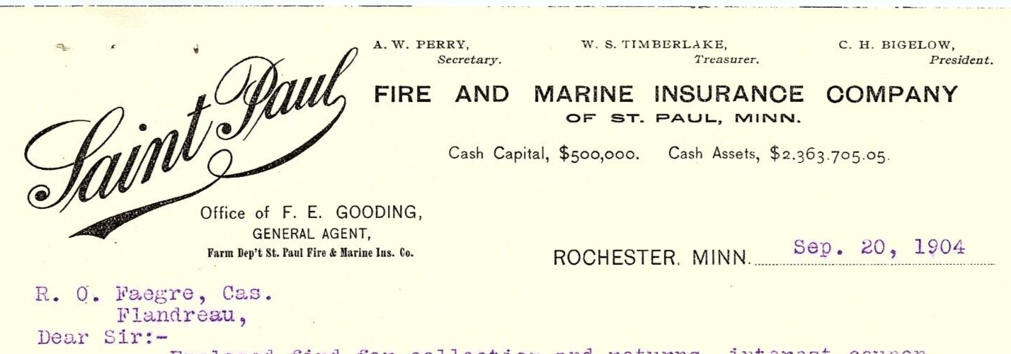 1904 ROCHESTER MN SAINT PAUL FIRE AND MARINE INSURANCE CO BILLHEAD RECEIPT Z5494