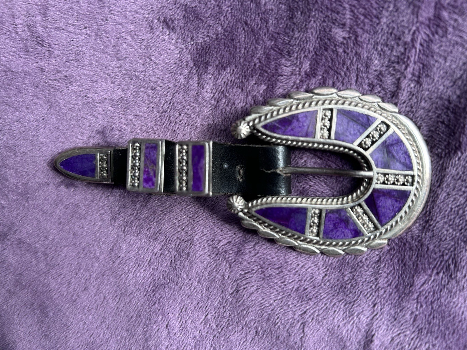 Zuni Belt Buckle Set Silver Purple Stone for 3/4” Griffin Evangeline Tsabetsaye Zuni Belt Buckle Set Silver Purple Stone for 3/4” Griffin Evangeline Tsabetsaye
