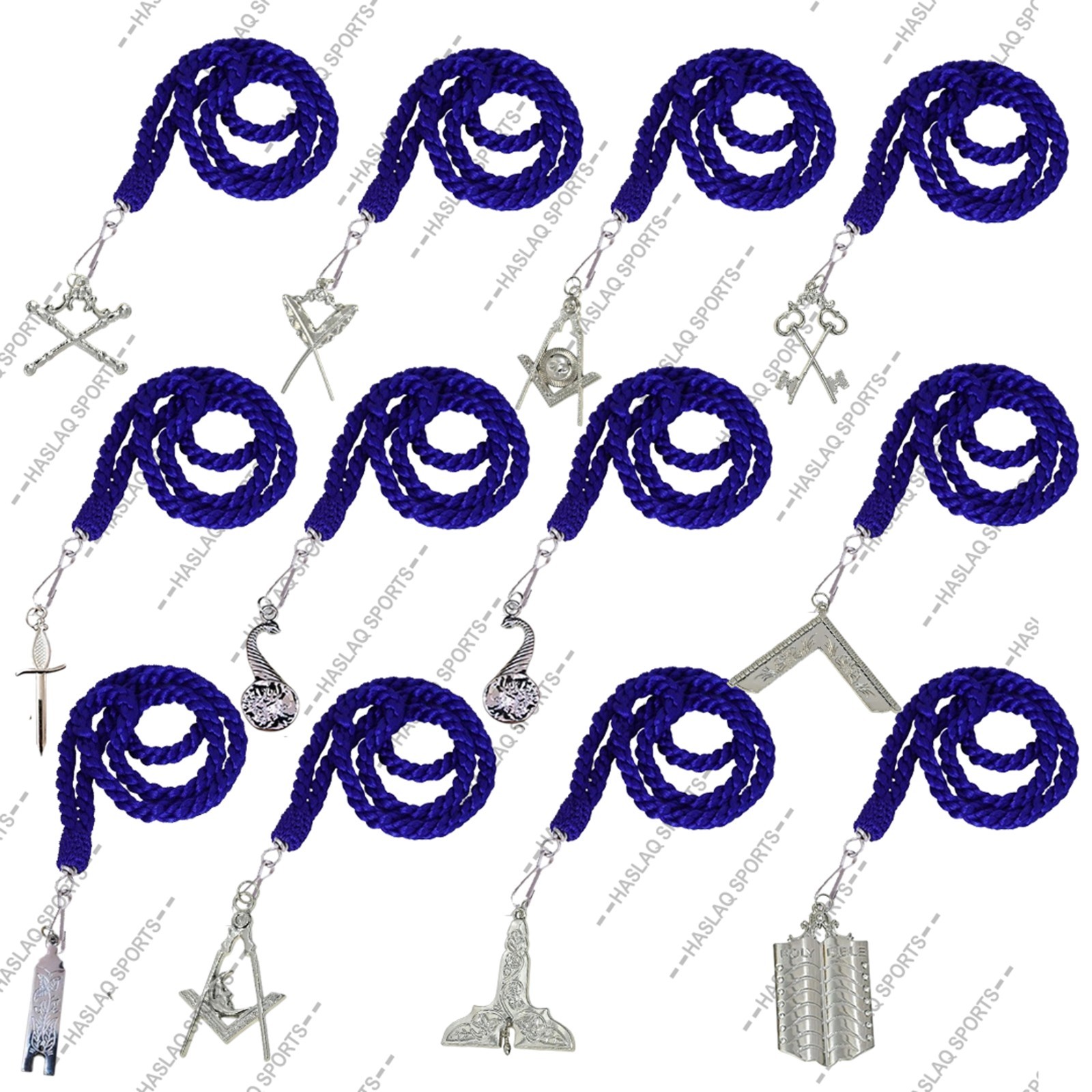 Masonic Blue Lodge - NECK CORD Blue Lot of 12 & CHROME PLATED Jewels 12 - Mason