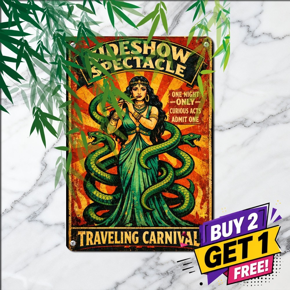 Circus Sideshow Snake Charmer Woman Sign Vintage Metal Tin Plaque 8x12