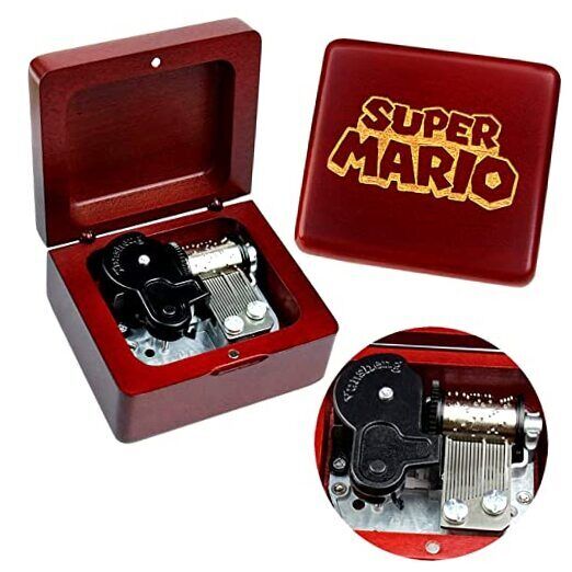  Music Box Vintage Wood Carved Mechanism Super Mario Theme -Wine Red Box