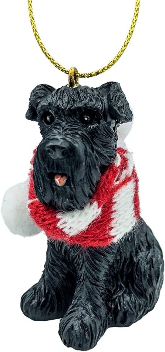 Miniature Black Schnauzer Dog Christmas Tree Ornament with Candy Cane Scarf