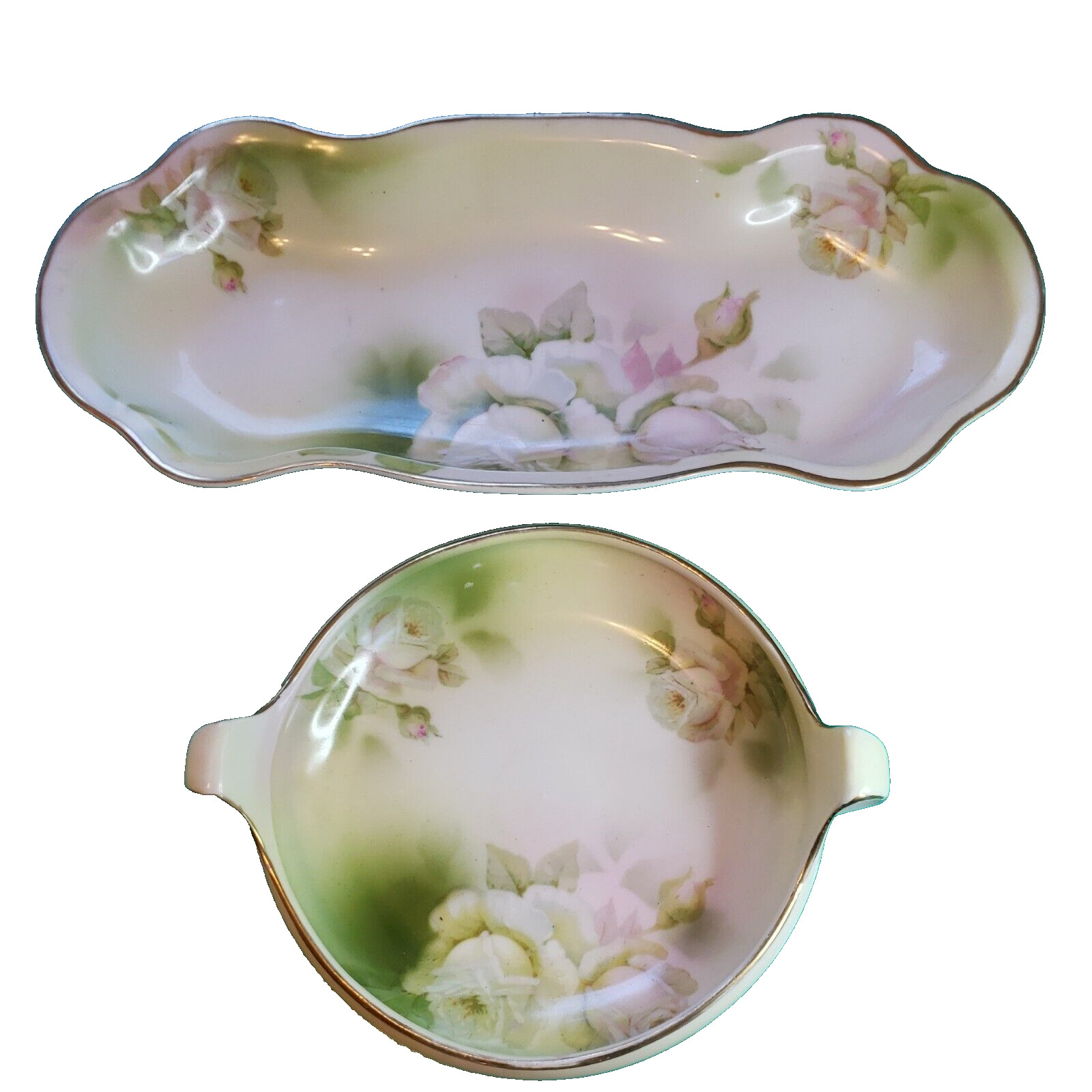 Antique Porcelain Royal Rudolstadt Prussia Bowl & Oval Dish White Roses 12\