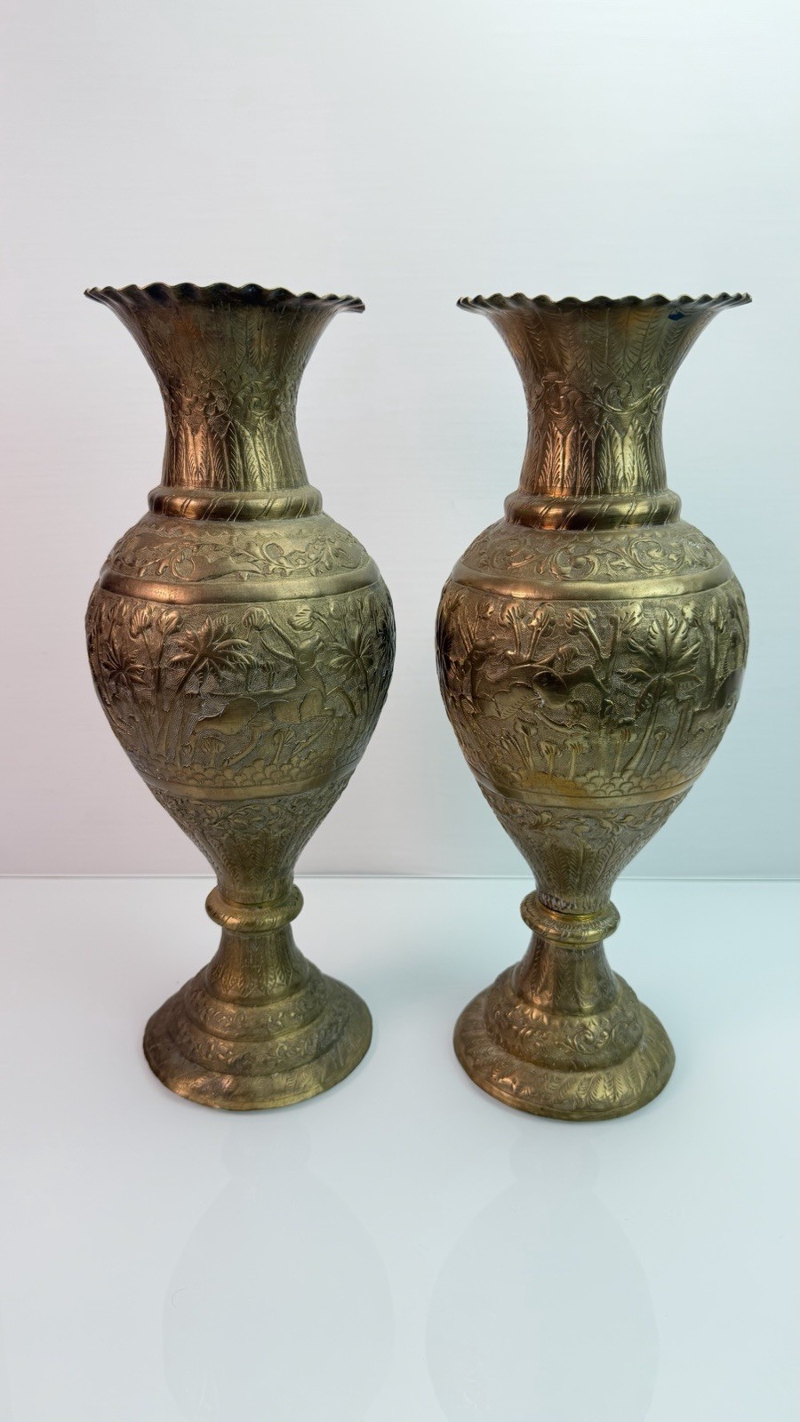 2 Pc Vintage Etched Gold Tone Solid Brass Handcrafted Inlay Floral Vase 14”