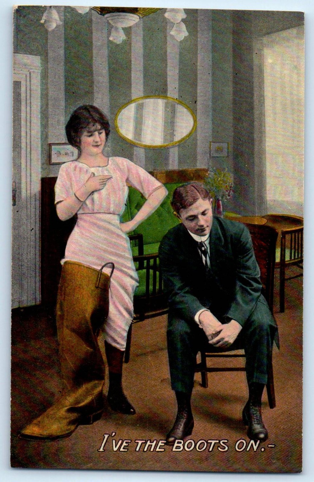 c1910's Woman I've The Boots On Unusual Antique Unposted Postcard