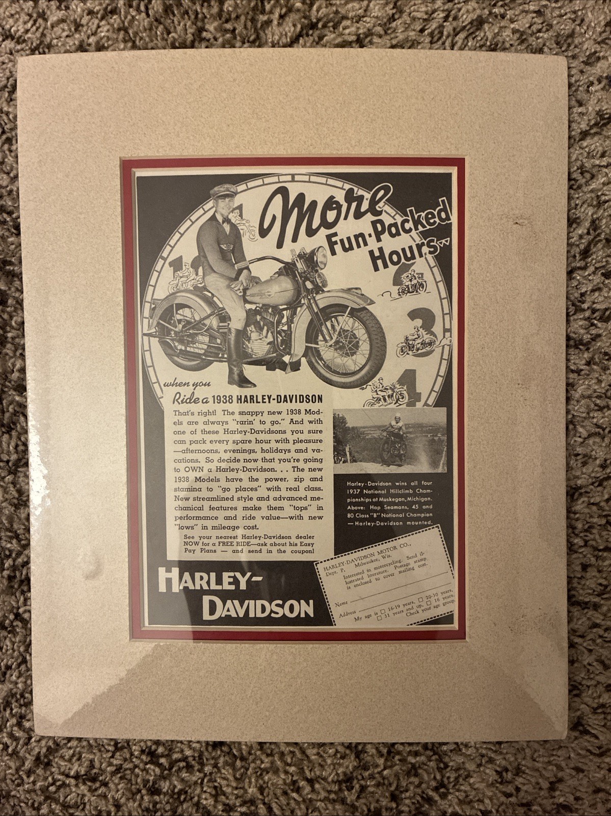 1937 OLD MAGAZINE PRINT AD, 1938 HARLEY-DAVIDSON MOTORCYCLE, FUN-PACKED HOURS