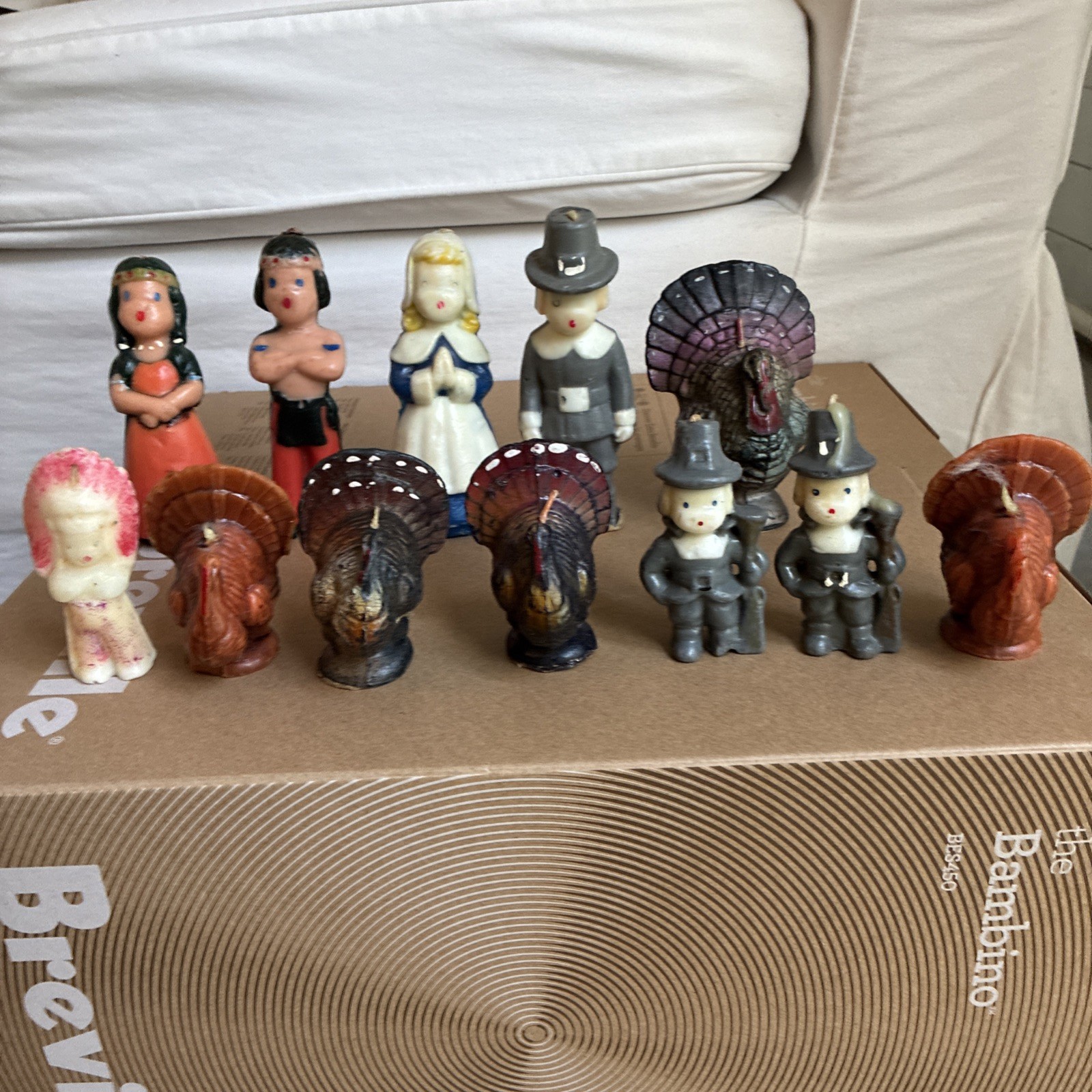 Gurley 12 pc Set VTG Thanksgiving Turkeys Native American & Pilgrim Candles