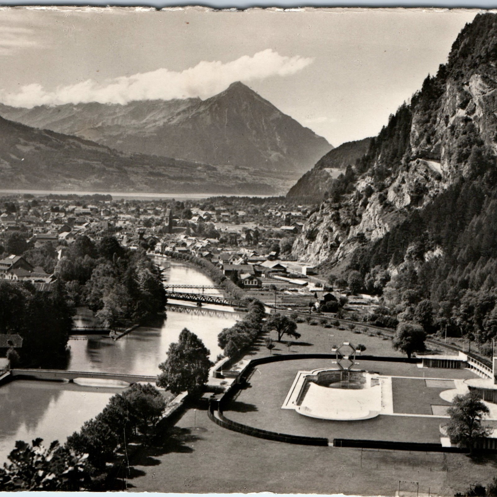 c1940s Interlaken Unterseen mit Niesen Switzerland RPPC Postcard Strandbad Pool