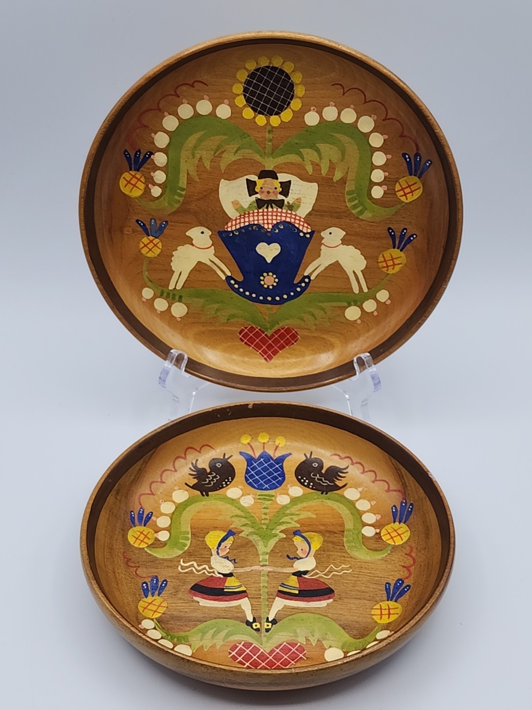 Ant/Vtg German Swiss Tole Painted Folk Art Wood Plates 7 1/2\