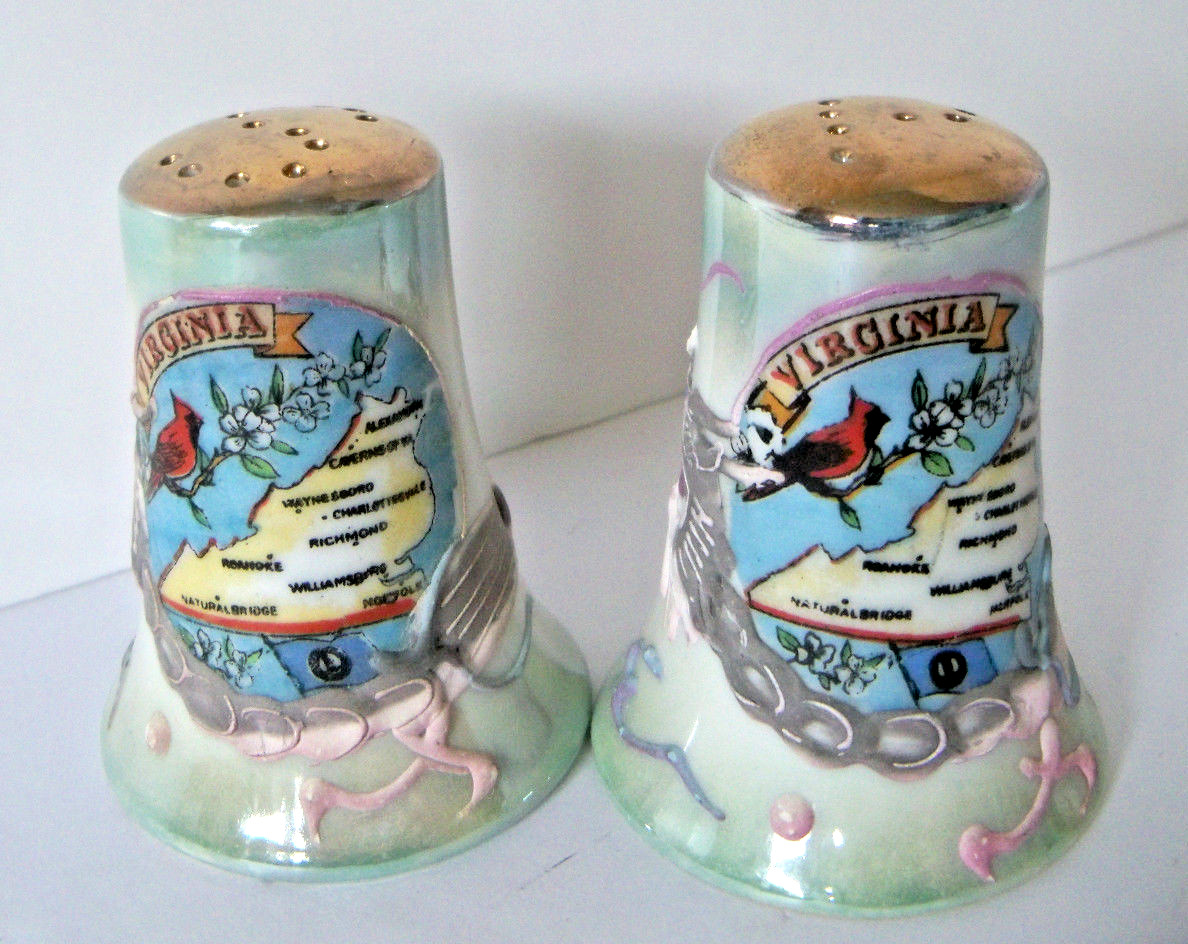 Vintage Virginia State Souvenir Salt Pepper Shakers Cardinal Dogwood Gold Tops