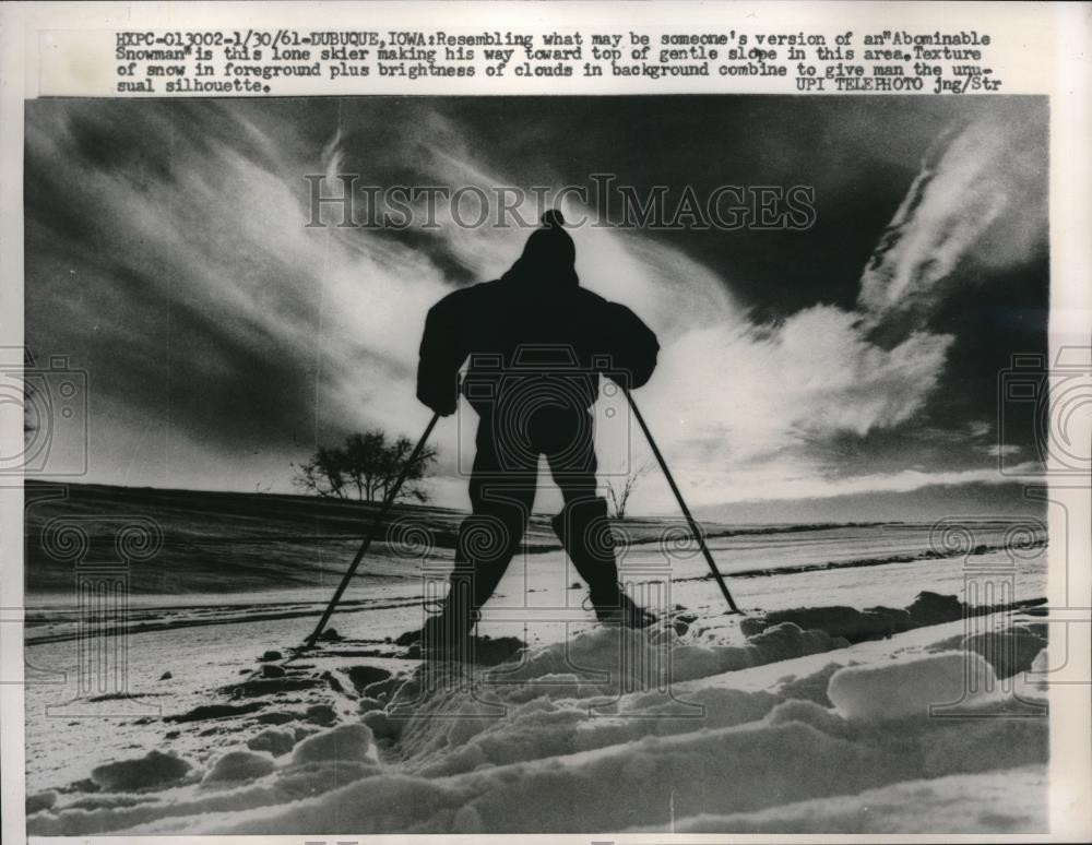 1961 Press Photo Lone Skier resembles Abominable Snowman texture of snow clouds 1961 Press Photo Lone Skier resembles Abominable Snowman texture of snow clouds