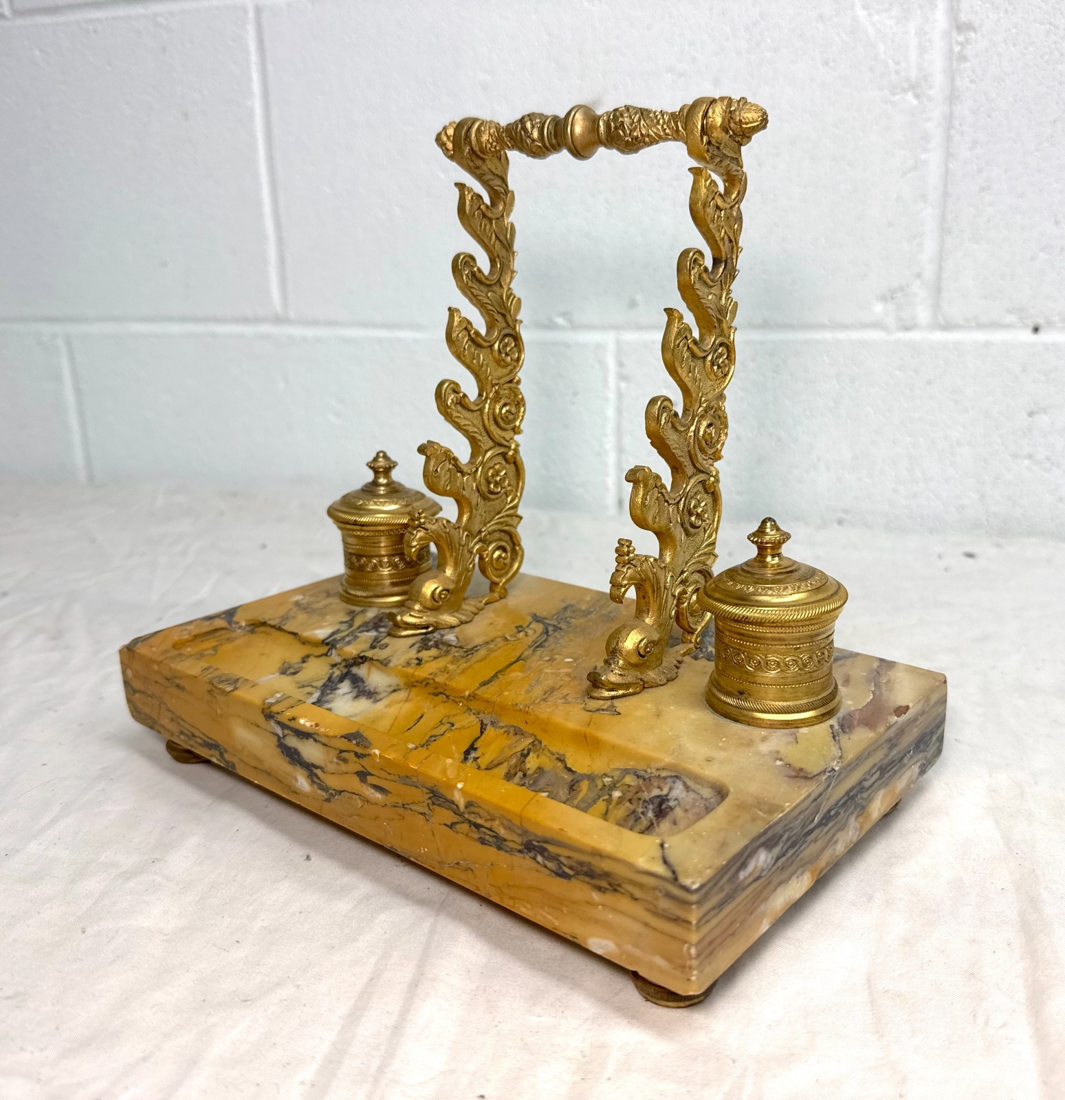 Antique French siena marble bronze dual Dolphin Empire statue desk inkwell stand Antique French siena marble bronze dual Dolphin Empire statue desk inkwell stand