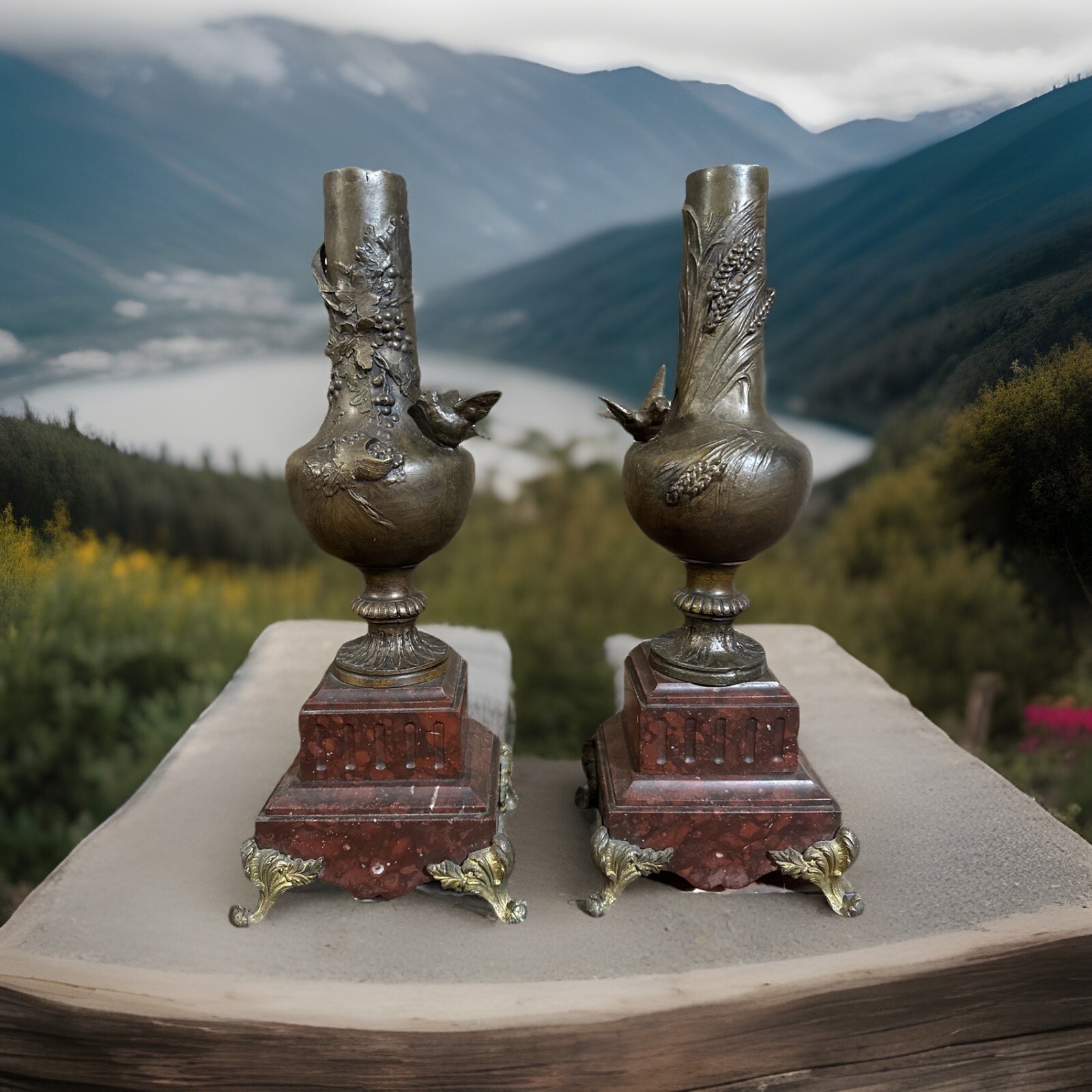 Superb Pair Antique Bird, Oil Lamp Bronze & Marble Vases Signed Aug. Moreau