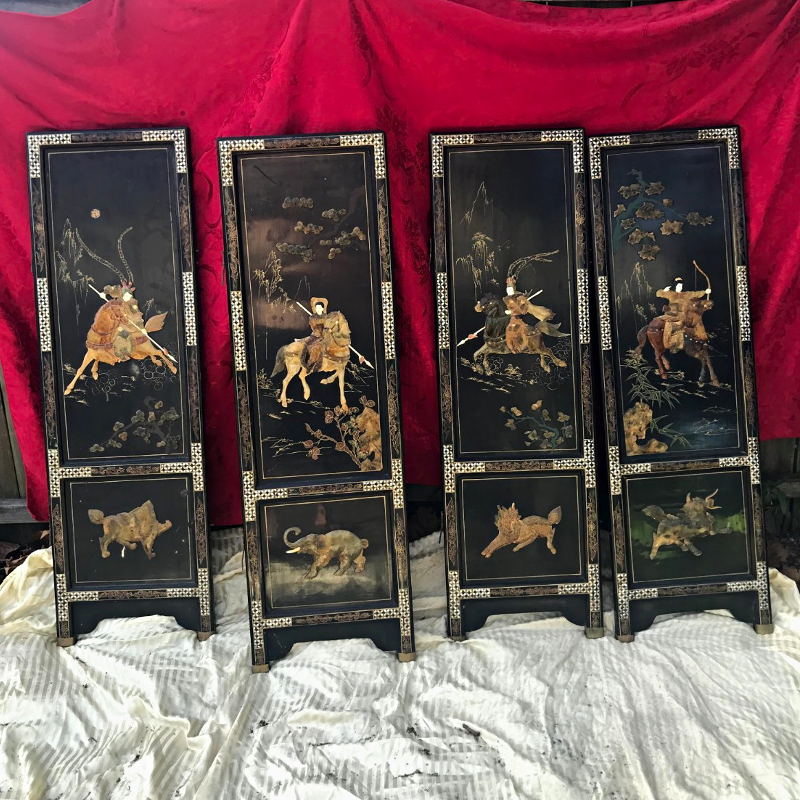 Set of 4 Asian Black Lacquered Wood Display Panels Jade Stone Geisha design