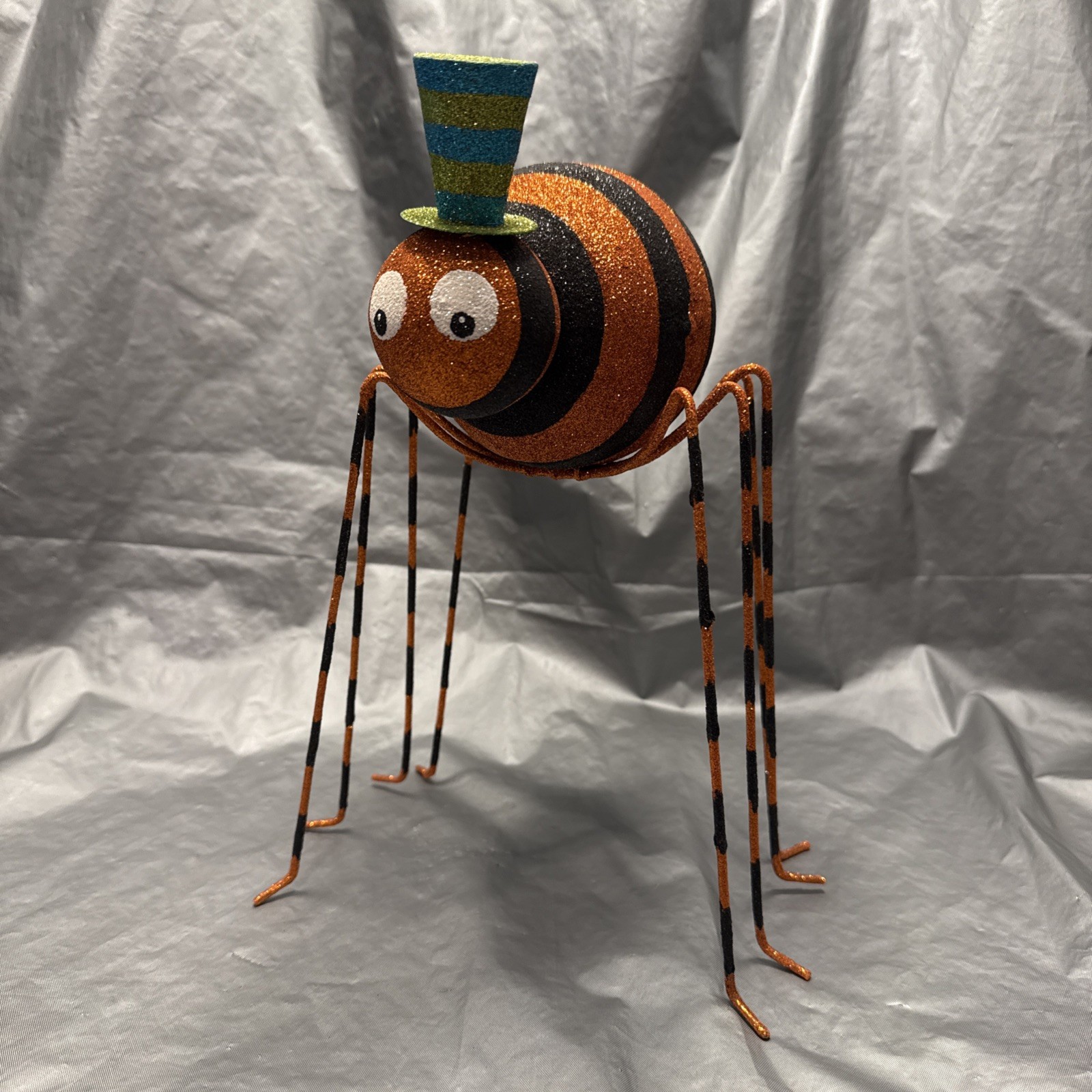 Pier 1 One VTG SPIDER HALLOWEEN Orange/Blue Grn Hat Glittr Decor 11.5” RARE EUC
