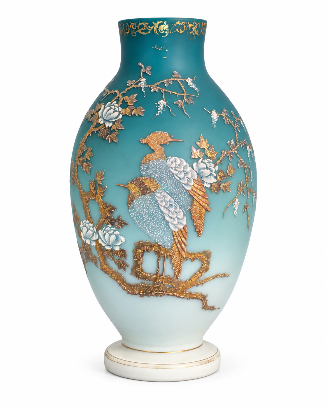 Antique Victorian Blue Satin Glass Vase Raised Gilt Enamel Birds Japonesque 12in