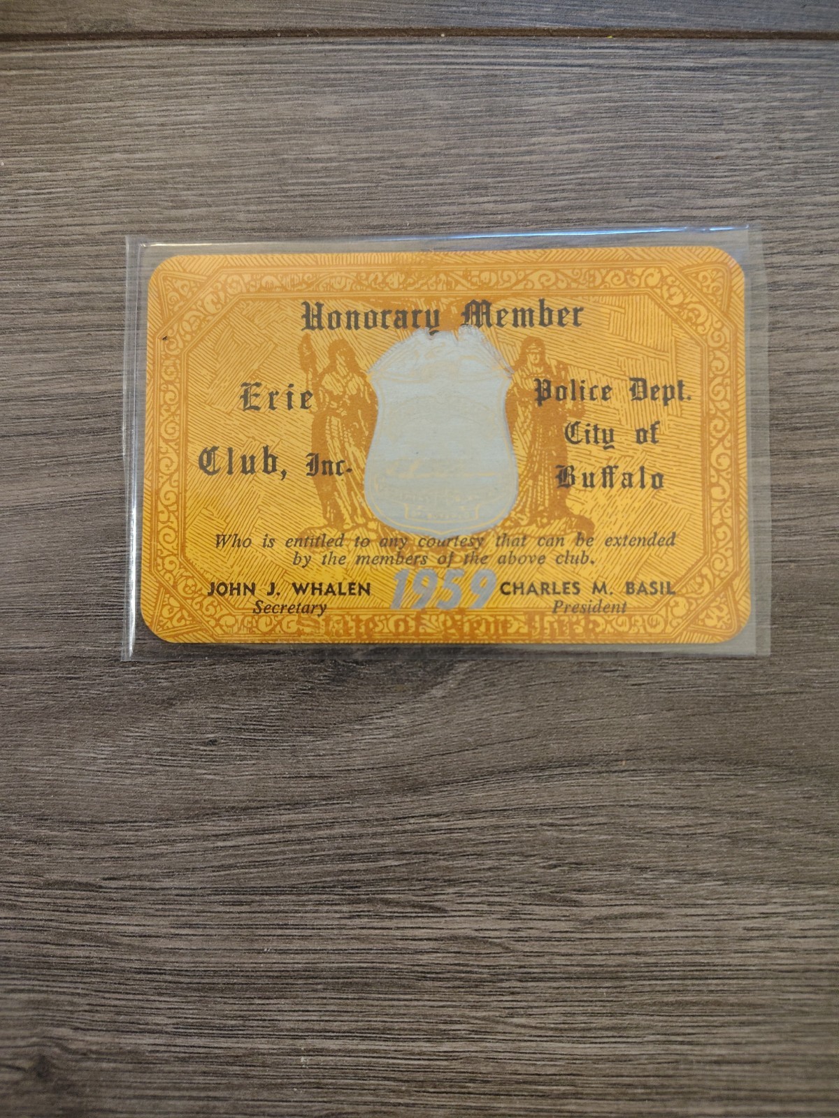 Vintage Honorary Membership Card Erie Club Inc Buffalo Police Department 1959