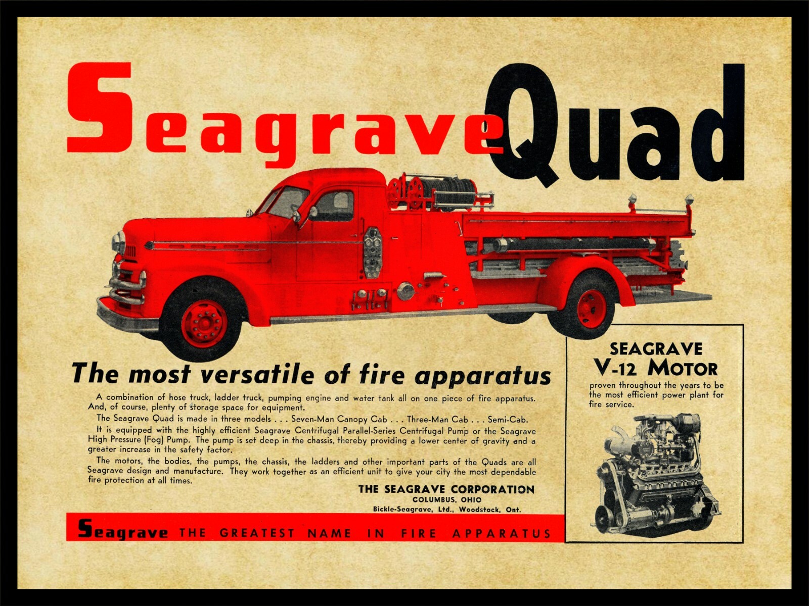 1953 Seagrave Quad V12 Fire Truck NEW Metal Sign 24