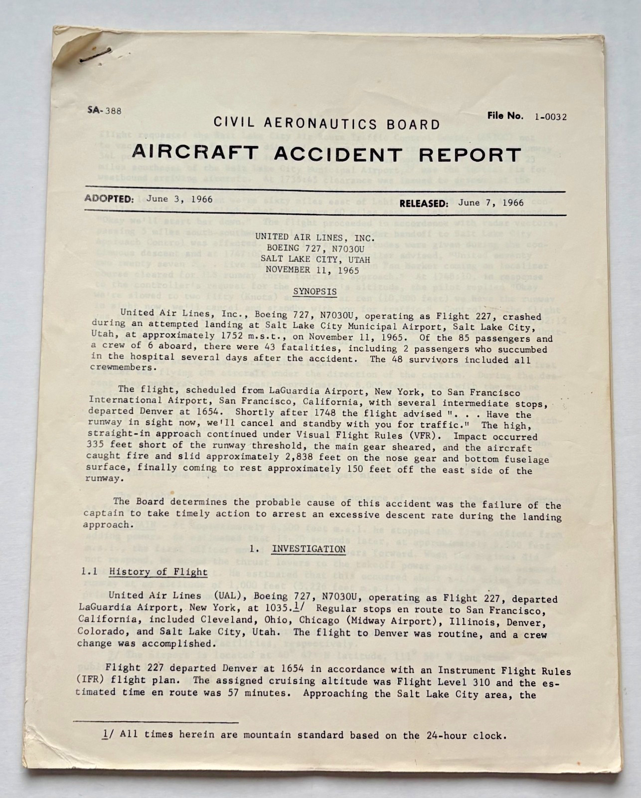 Vintage 1966 United Air Lines Flight 227 Boeing 727 Crash Report CAB FAA Letters Vintage 1966 United Air Lines Flight 227 Boeing 727 Crash Report CAB FAA Letters