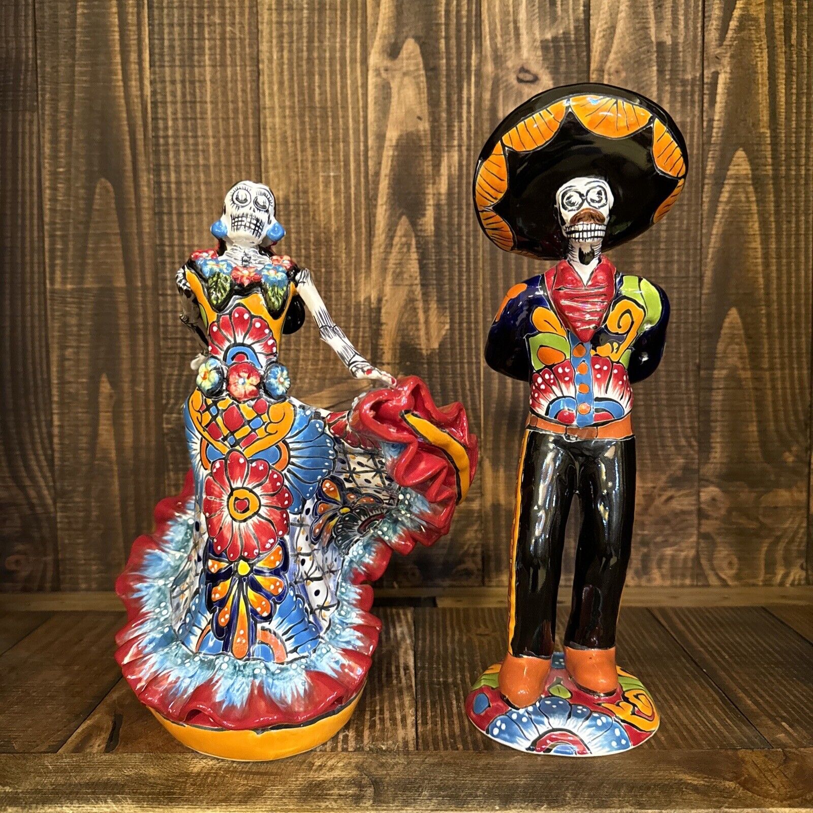 Mexican Talavera Catrina Dancer Couple Day Of The Dead Figures Folk Pottery 12\