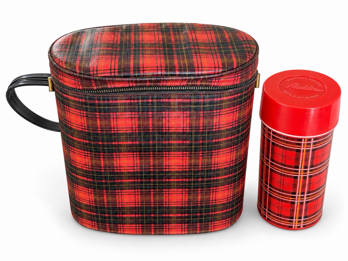 Vintage Aladdin Red Plaid Lunch Box w/ Thermos 1960s Tartan School Lunch Kit