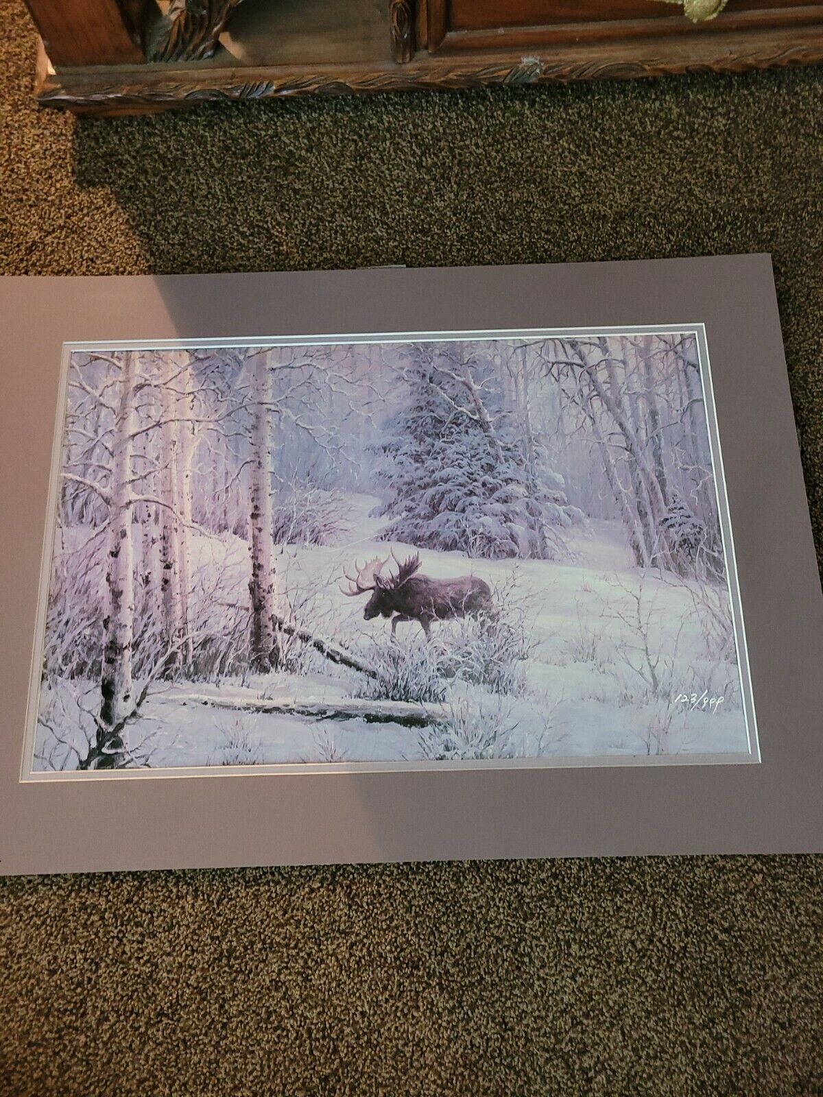 Moose in pink snow #123/999 signed J Henning? 29x21 matted unframed 