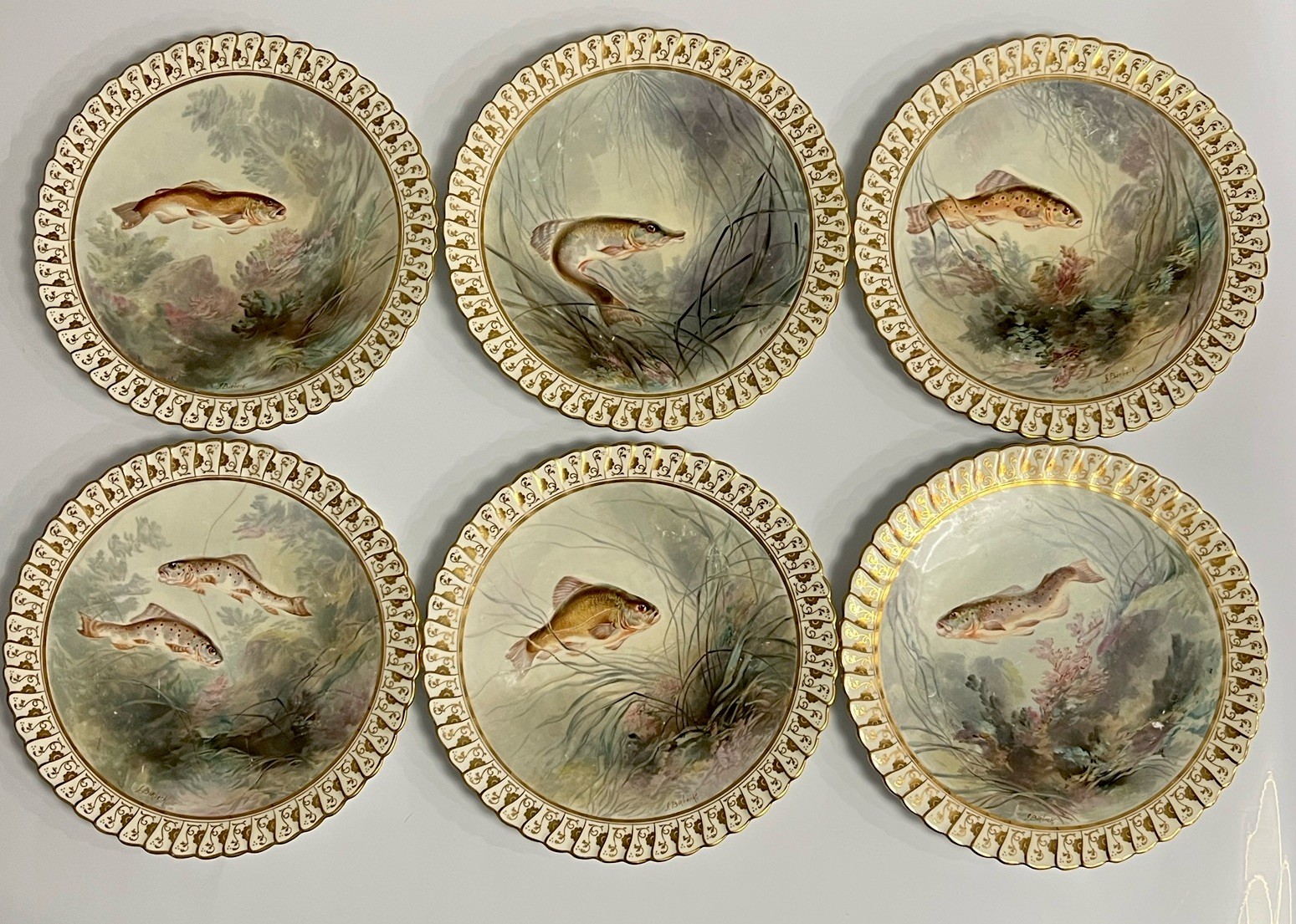 Rare Antique Museum Fish Plates Set Hand Painted J Birbeck Joseph Birbeck 1920s