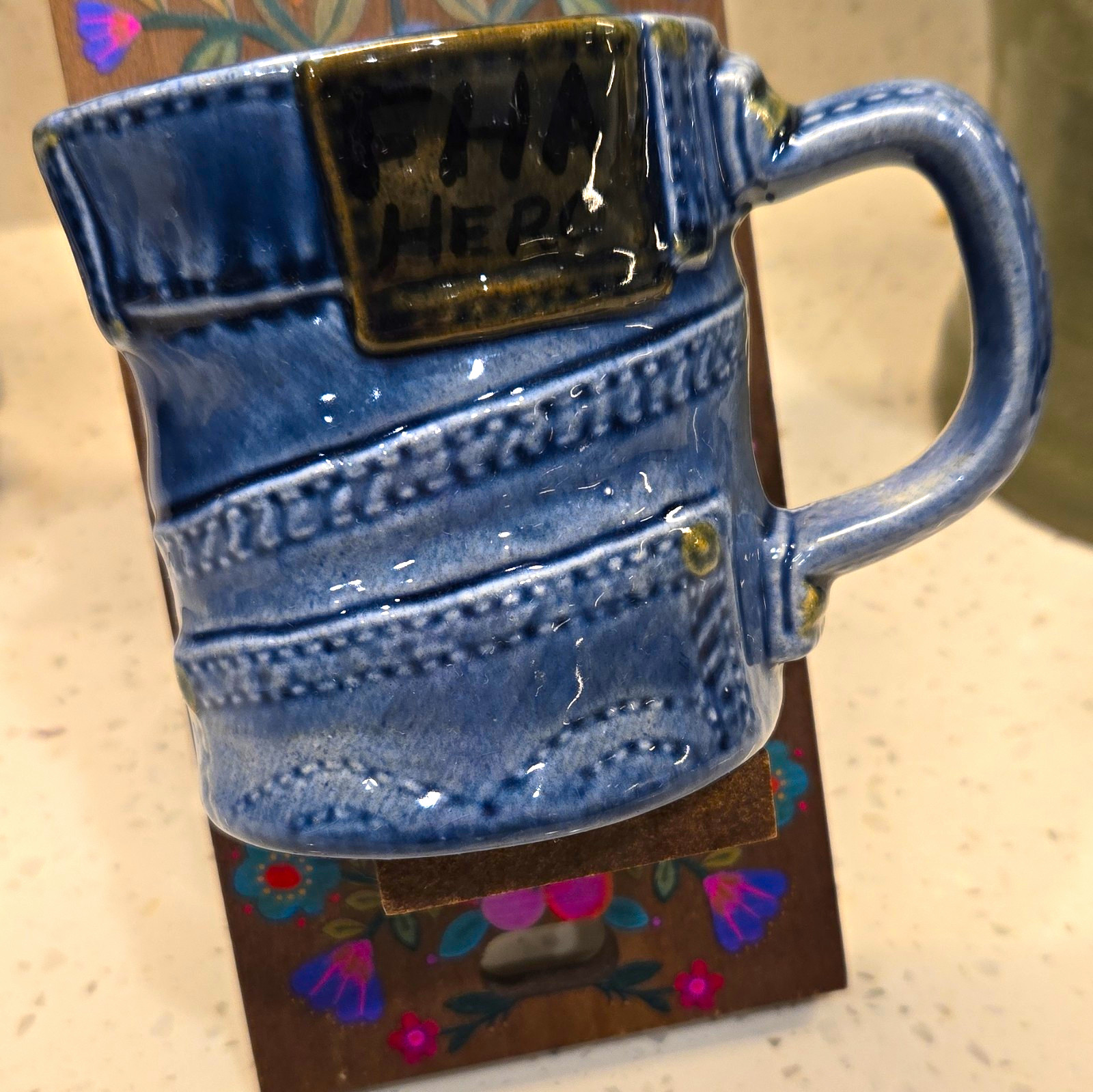 Vtg 1980 Blue Jean Denim Ceramic Mug FHA HERO School Club Custom Signed Retro...