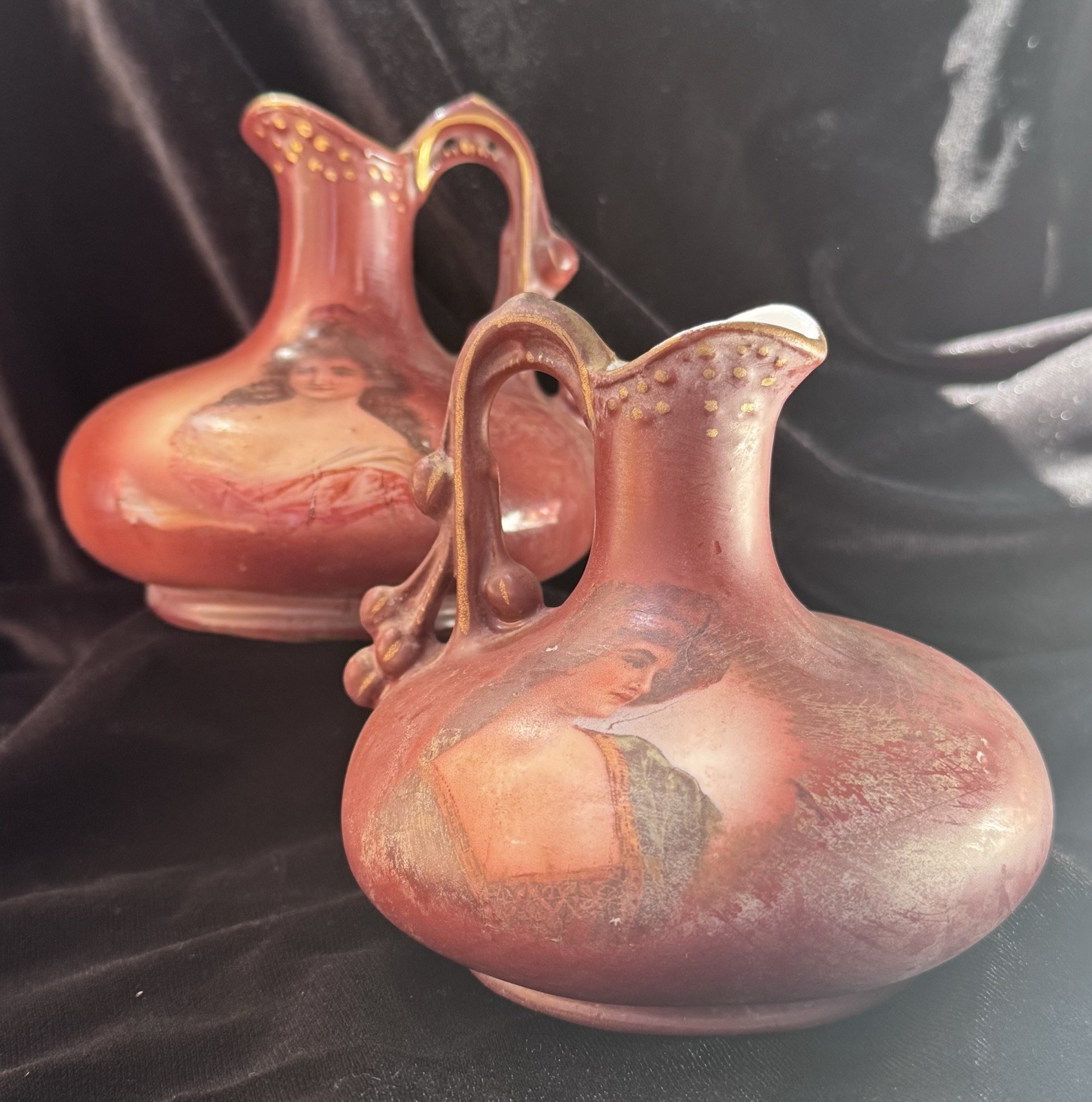 Pair Antique 1890s Austrian Miniature Ewer Vases Red Portrait of Woman 4