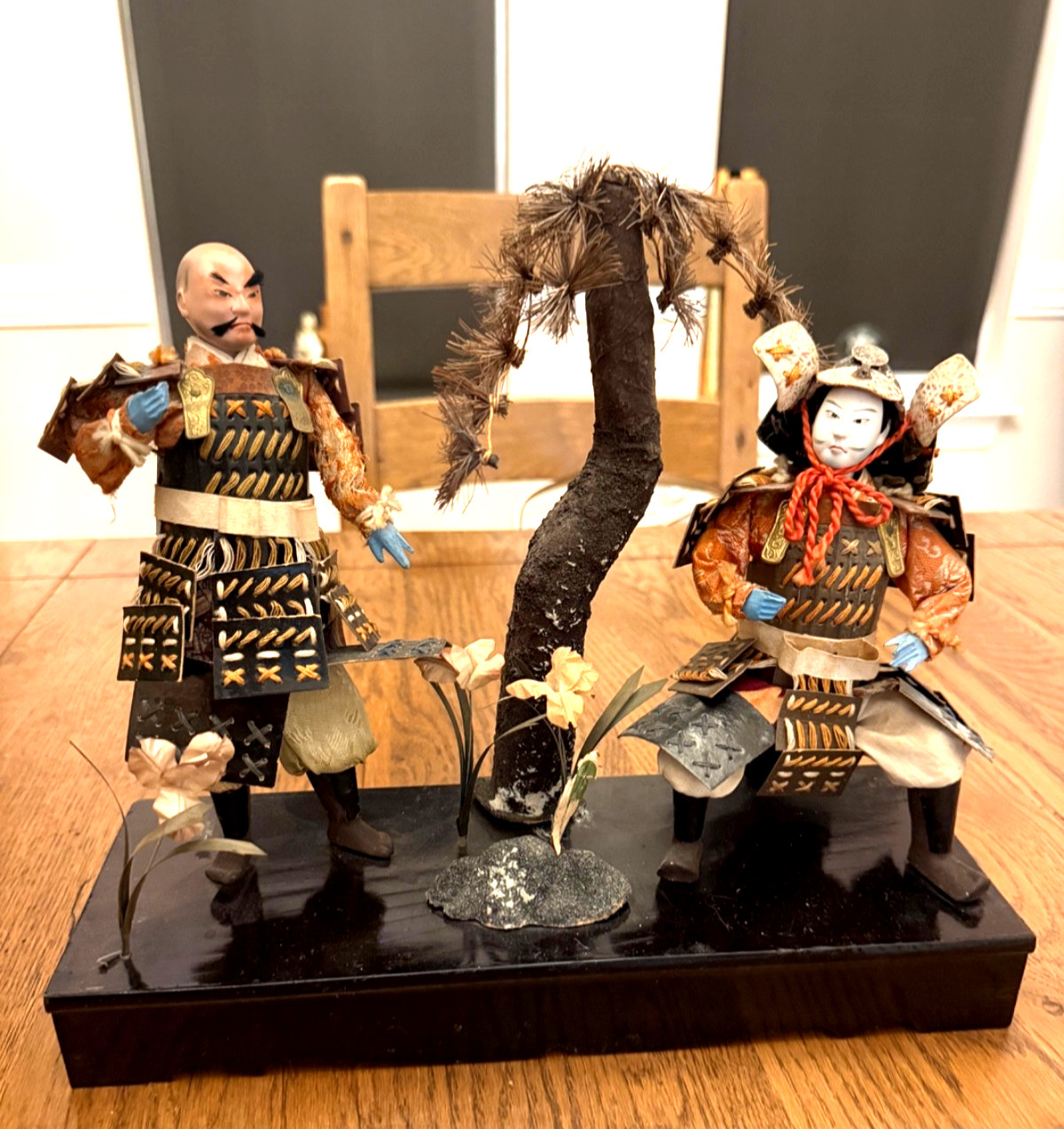 ANTIQUE JAPANESE SAMURAI DOLLS WITH STAND.
